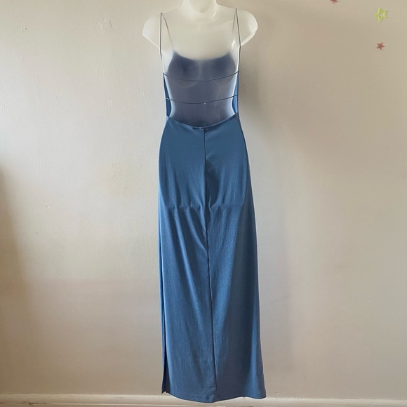 VINTAGE 90s Y2K BABY BLUE GLITTER OPEN BACK GOWN PROM DRESS W/ SIDE SLIT - Picture 7 of 9